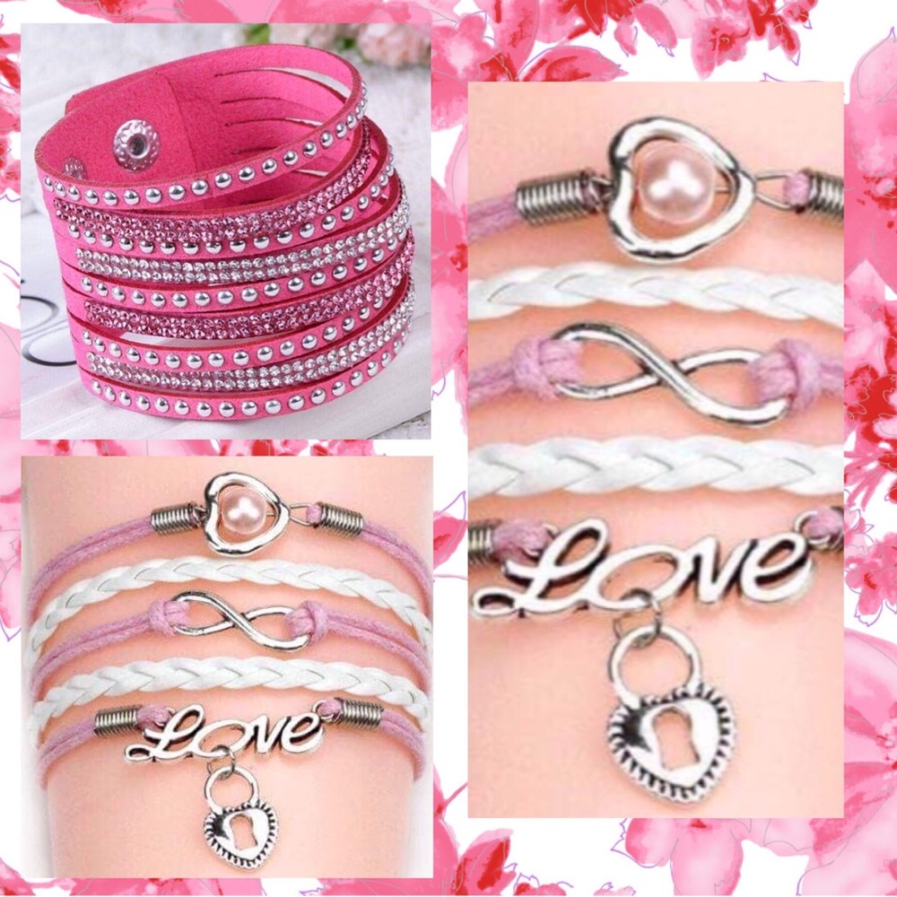 Multi Strand Studded Faux Leather Pink Love Thick Wristband Bracelet